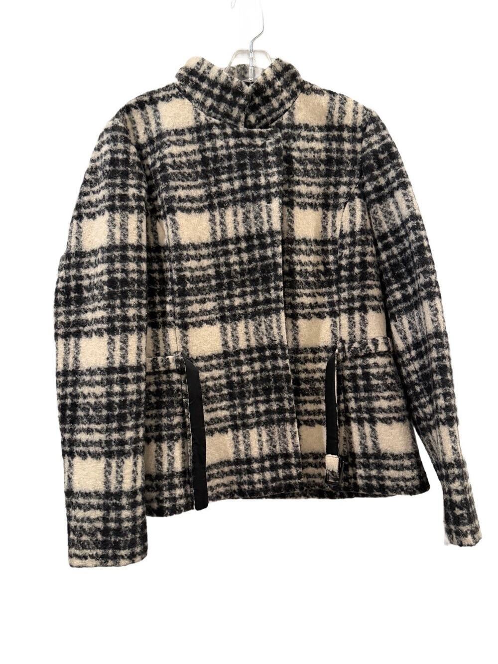 Banana Republic Womens XL Black Cream Plaid Italian Wool Belted Mock Neck Jacket